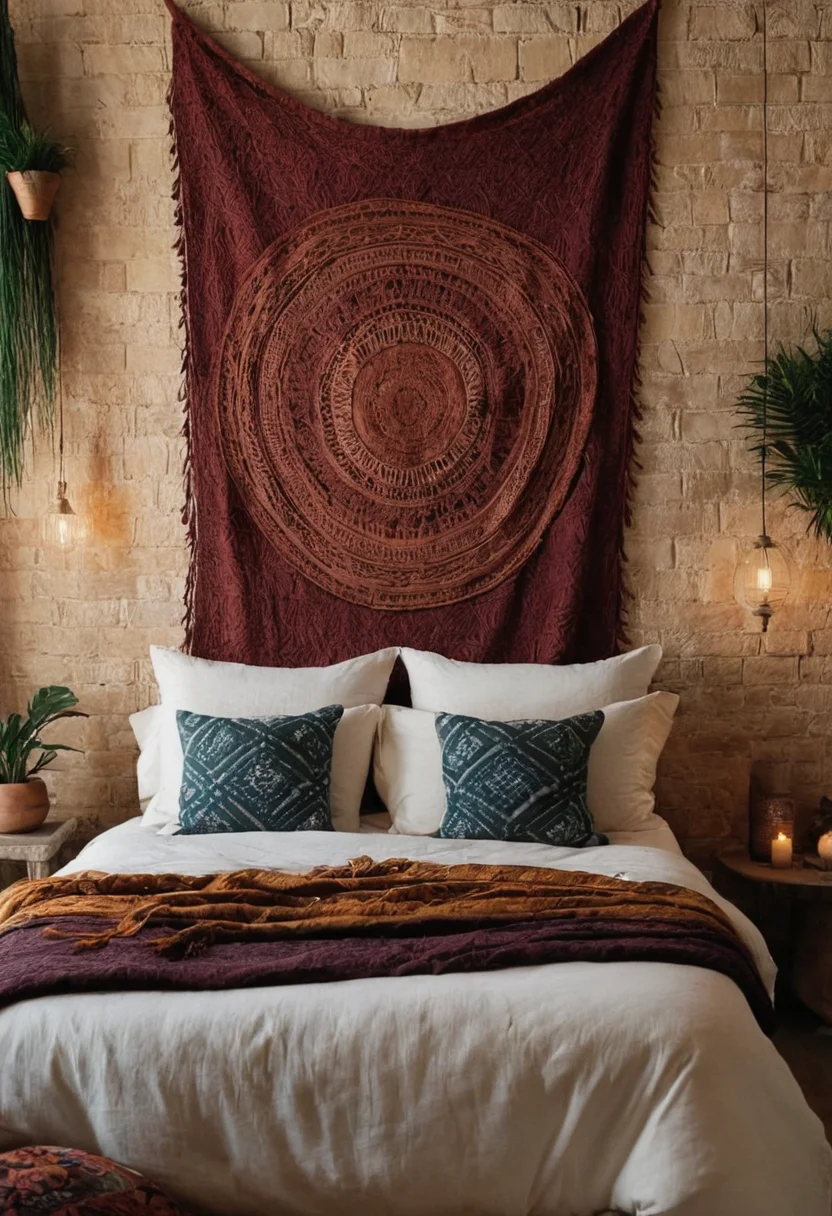 Textured Boho Bedroom with Woven Wall Hanging
