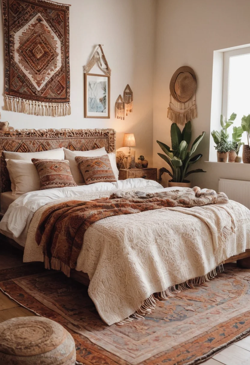 Cozy Boho Bedroom with Woven Rug
