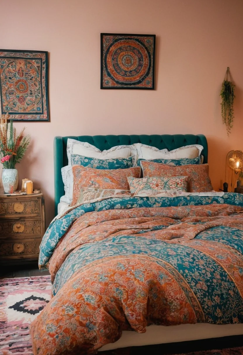 Eclectic Boho Bedroom with Patterned Bedding
