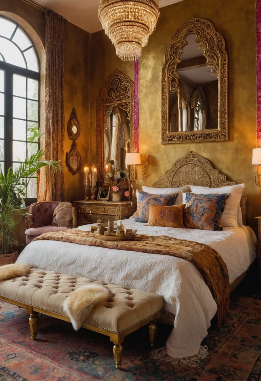 Bohemian Bedroom with Gold Accents
