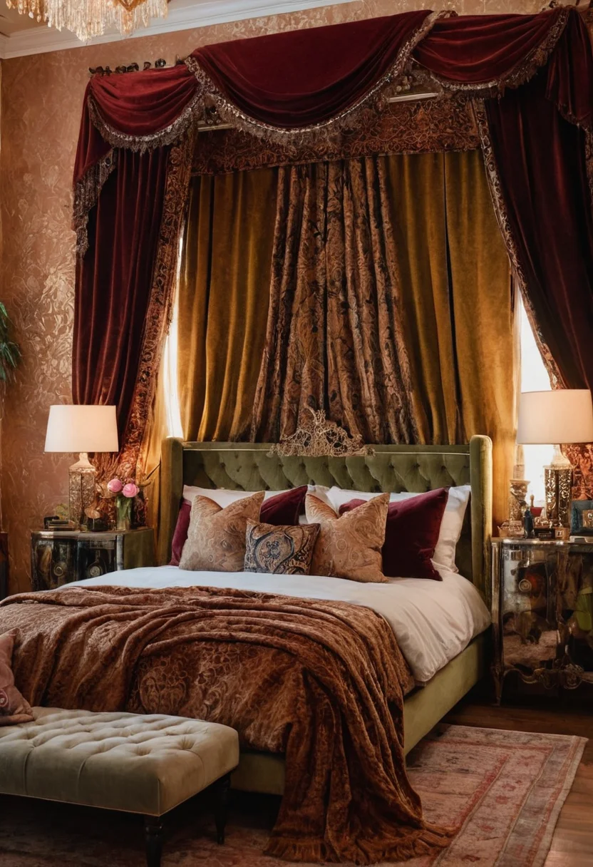 Luxe Boho Bedroom with Velvet Curtains
