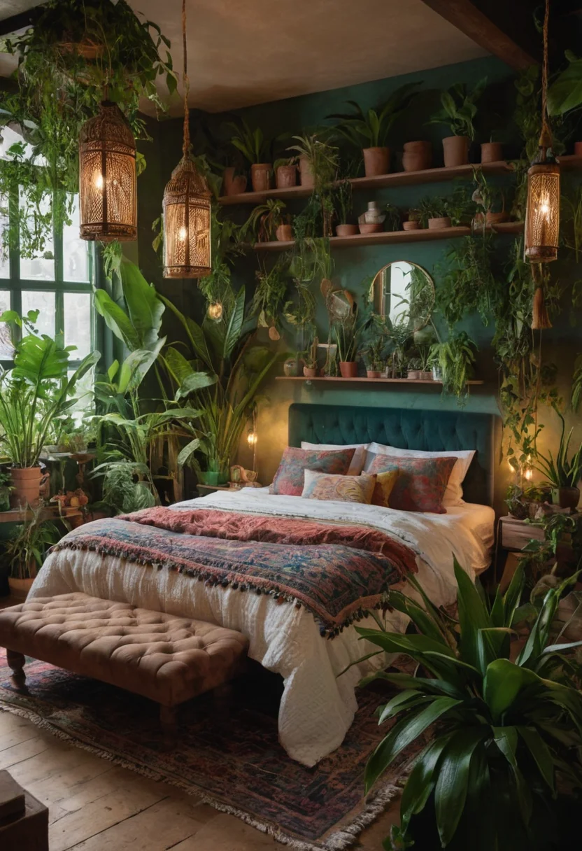 Bohemian Bedroom with Plants and Greenery
