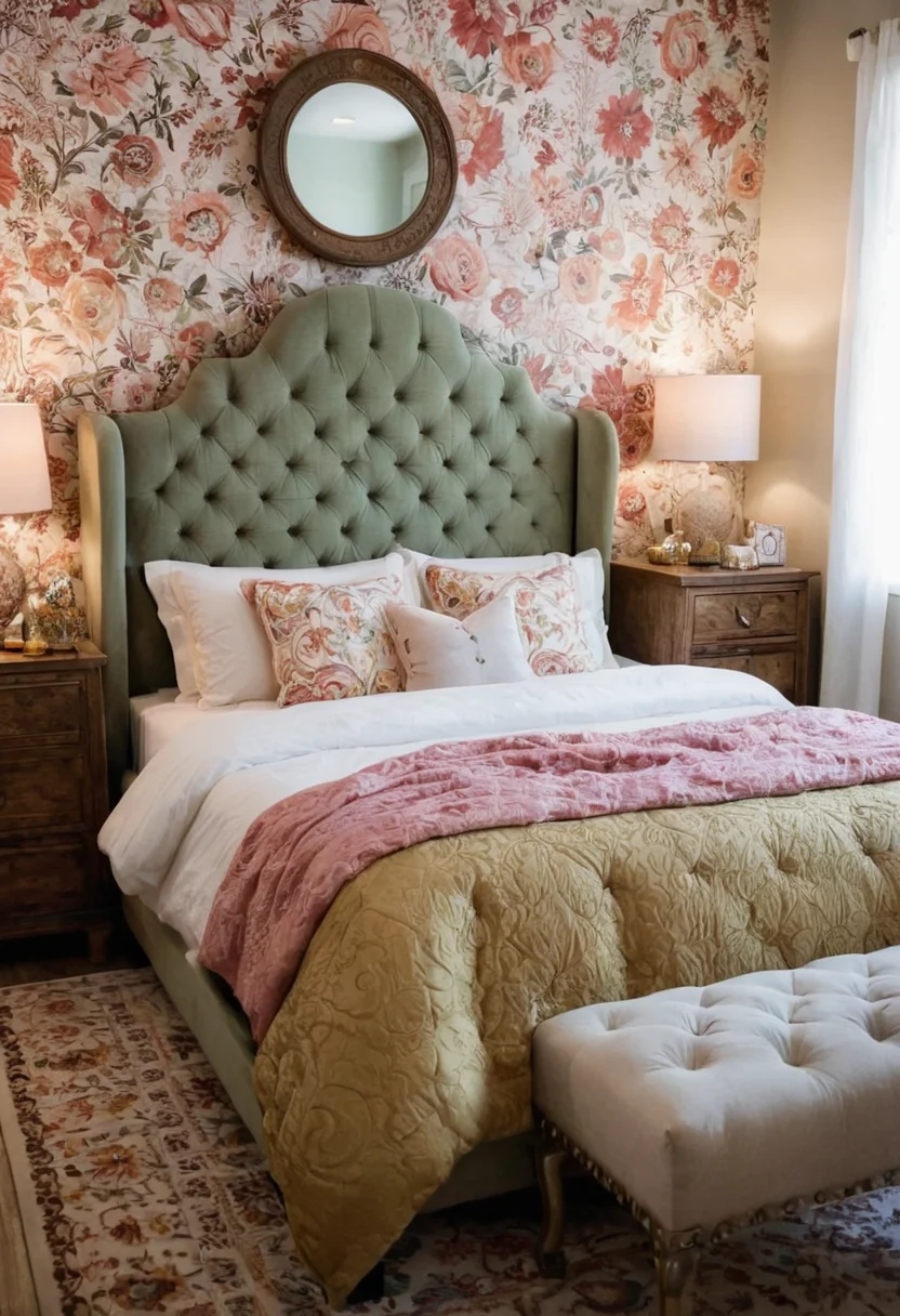 Chic Boho Bedroom with Tufted Headboard
