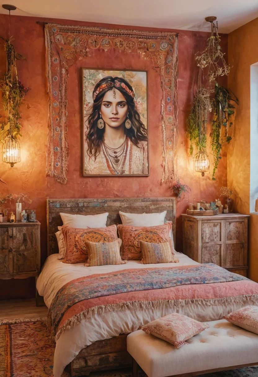 Artsy Boho Bedroom with Painted Wall
