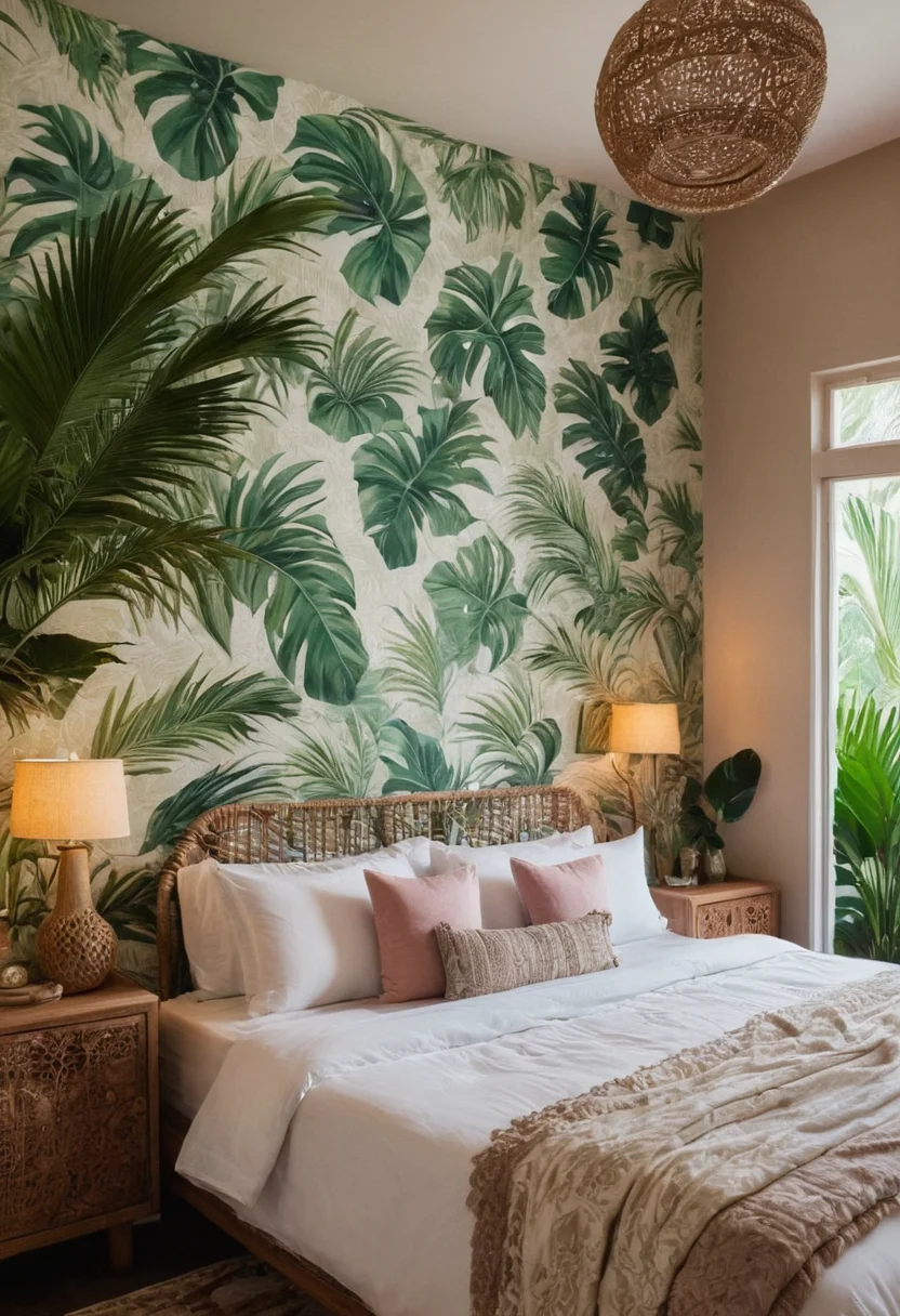 Tropical Boho Bedroom with Palm Leaf Wallpaper
