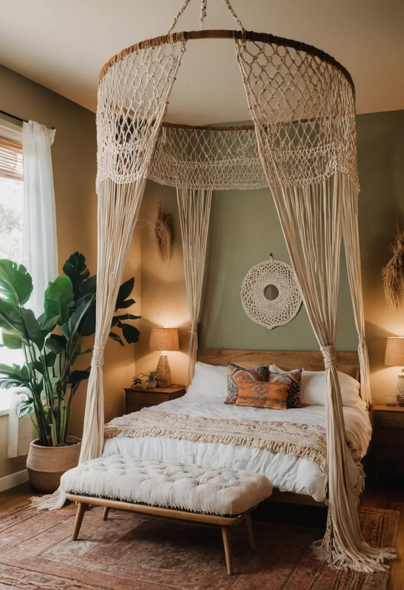 Earthy Boho Bedroom with Macrame Canopy