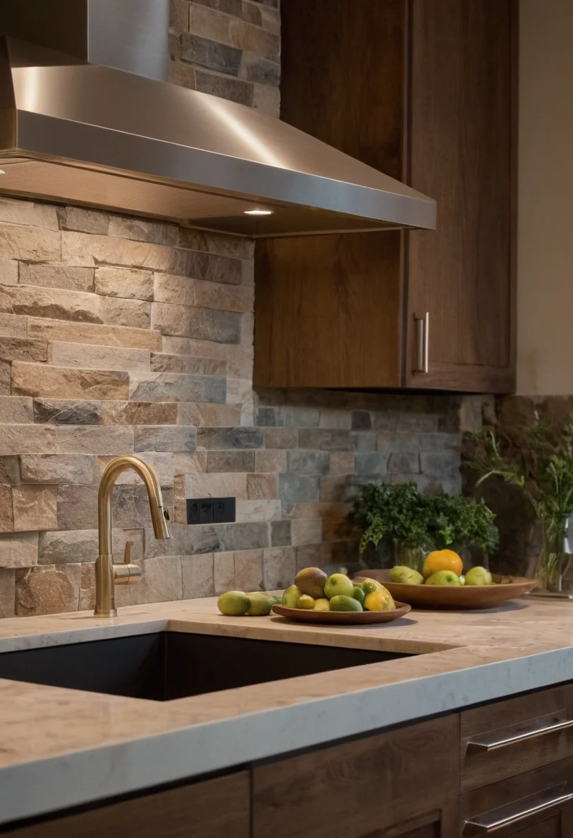 Room With Stunning Stone Backsplash and Countertops
