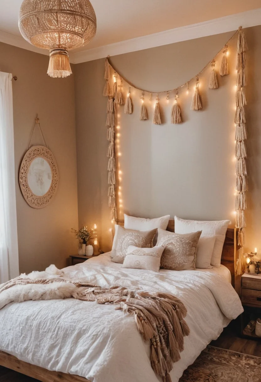 Neutral Boho Bedroom with Tassel Garland