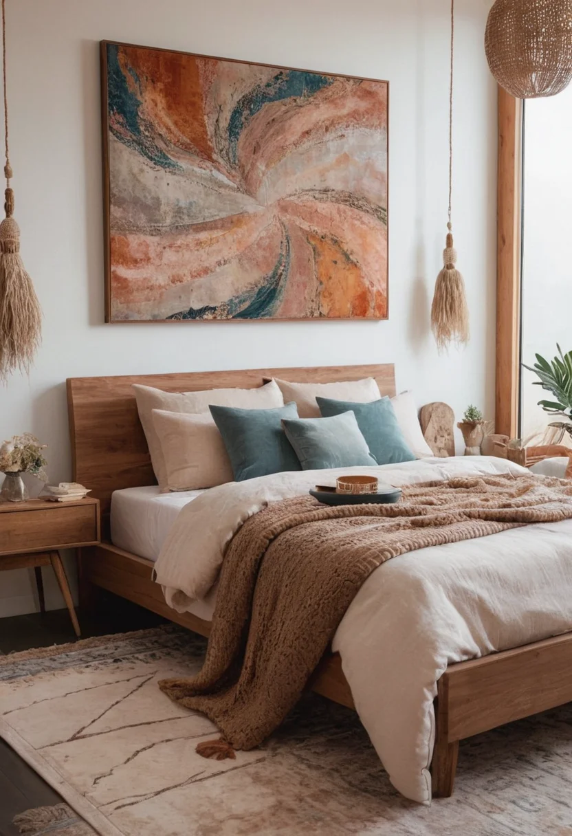 Modern Boho Bedroom with Abstract Art
